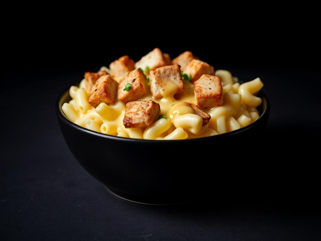 Creamy mac and cheese topped with grilled chicken